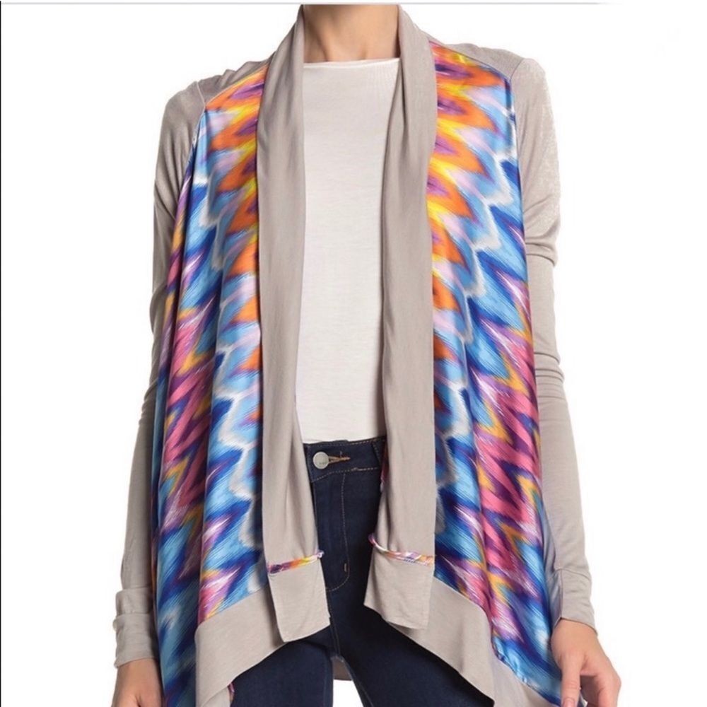 Vertigo Boho Open Front Drape Cardigan Tapue Multi Color Waterfall Jacket XS